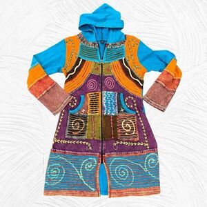 Nepal Made small cotton Hooded Full Zip Cardigan Razor Cut Patches Boho Festival
